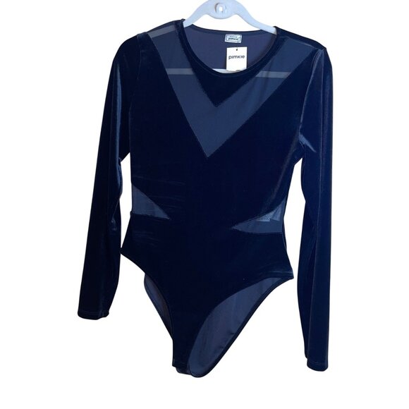 Pimkie Tops - Pimkie Womens Body Suit Size Medium Black Velvet Mesh Stretch Casual New
